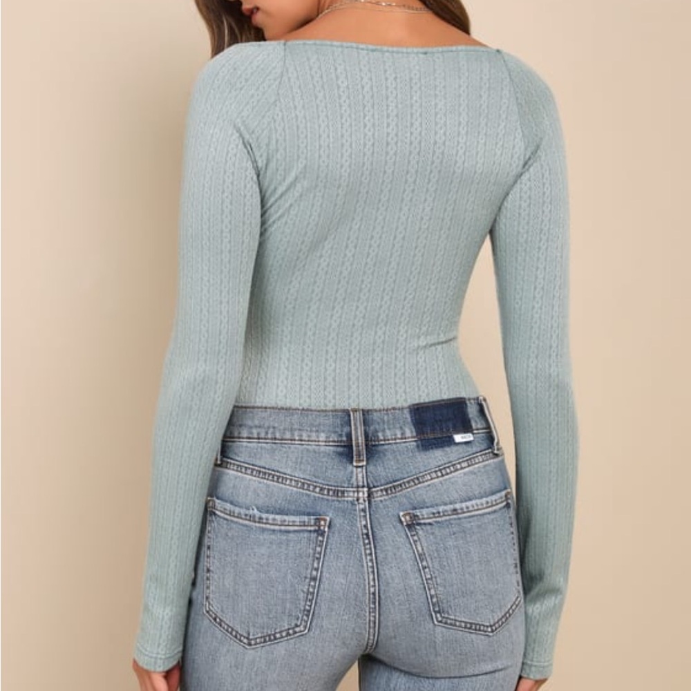 Lulus Too-cute Attitude Sage Green Pointelle Knit Long Sleeve Bodysuit - Picture 5 of 12